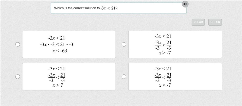 Which is the correct solution to ‐3x<21?-example-1