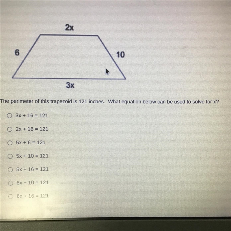 The perimeter of this trapezoid is 121 inches. What equation below can be used to-example-1