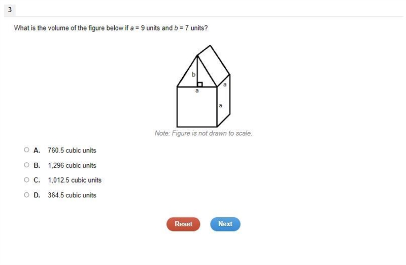 What is the volume of the figure below if a = 9 units and b = 7 units? A. 760.5 cubic-example-1