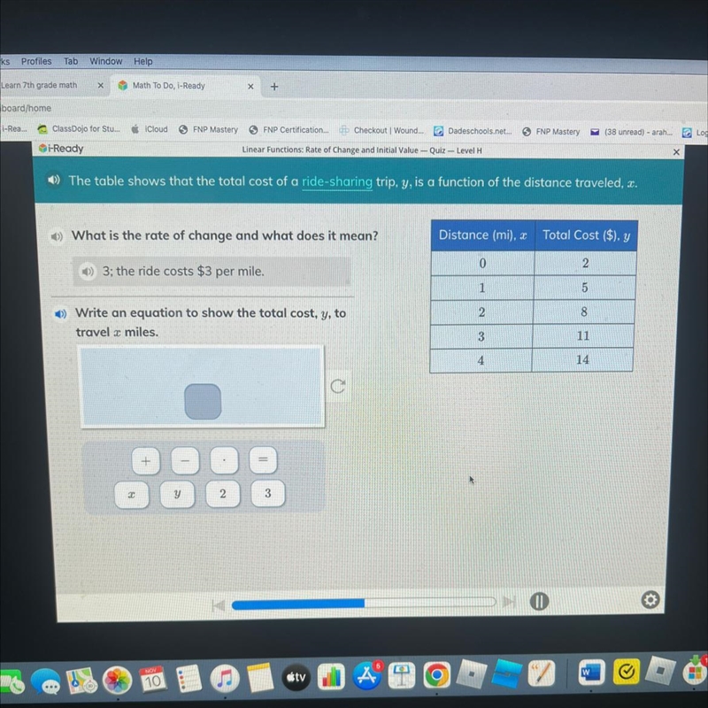 Can you write an equation to show how much the total cost, y, to travel in x miles-example-1