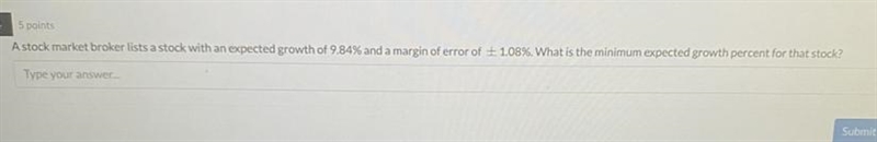 A stock market broker lists a stock with an expected growth of 9.84% and a margin-example-1