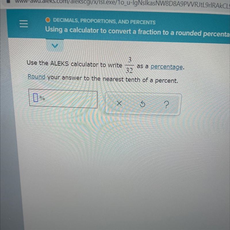 Use the ALEk calculator to write 3/32 as a percentage-example-1