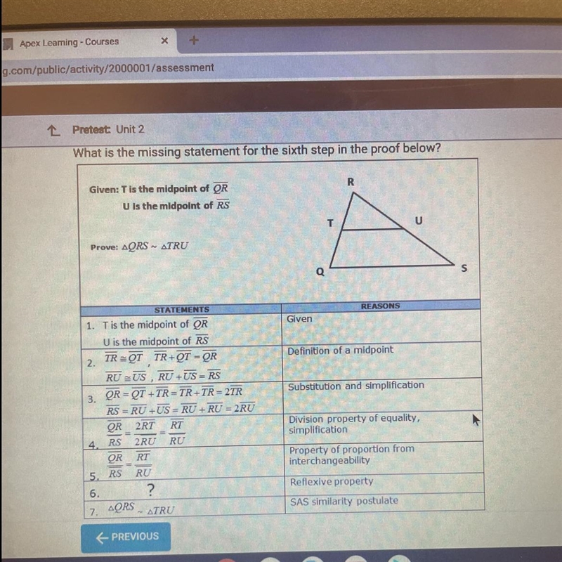 Prove: AQRS ATRUSTATEMENTS1. T is the midpoint of QRU is the midpoint of RSTROT TR-example-1