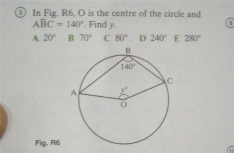 In Fig. R6, O is the centre of the circle and ABC = 140°. Find y. A 20° B B 70° C-example-1