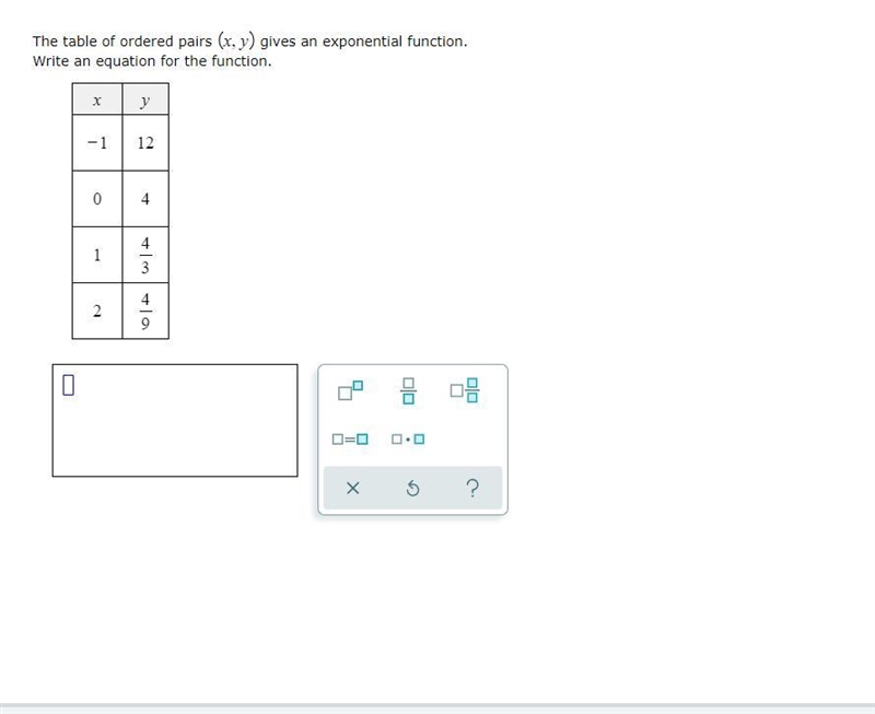 The table of ordered pairs gives an exponential function. Write an equation for the-example-1