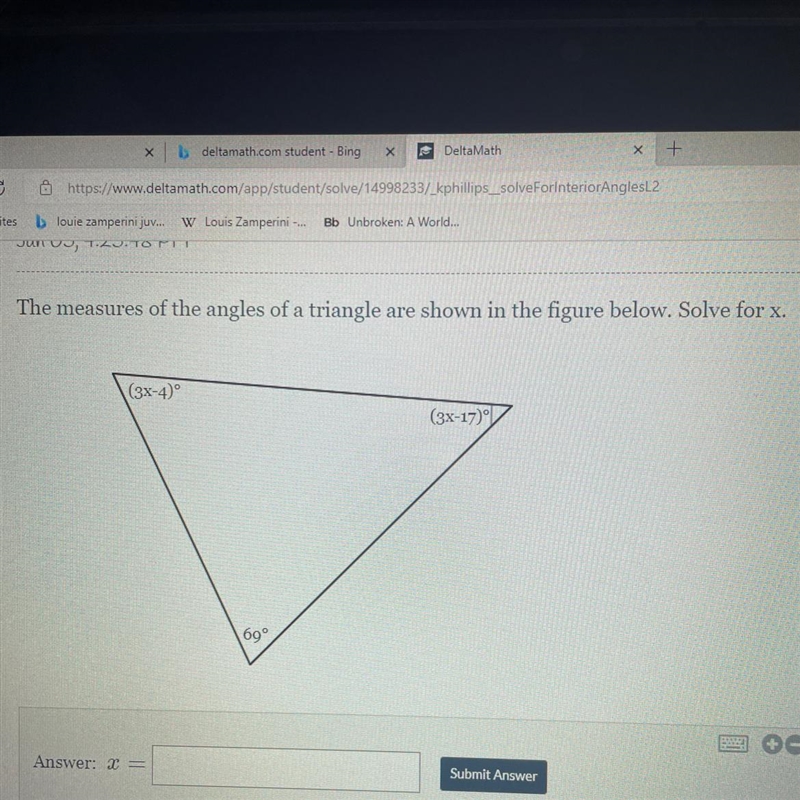 The measures of the angles of a triangle are shown in the figure below. Solve for-example-1