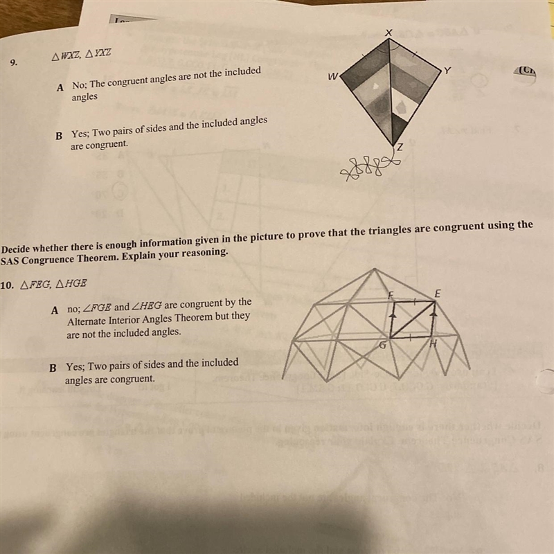 9.WXZ, YXZ A No; The congruent angles are not the included angles B Yes, Two pairs-example-1