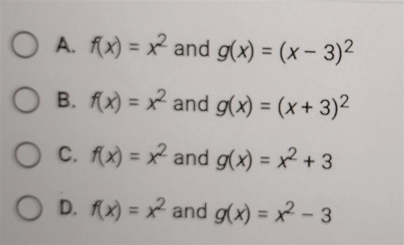 For which pair of functions is the vertex of g(x) 3 units to the right of the vertex-example-1