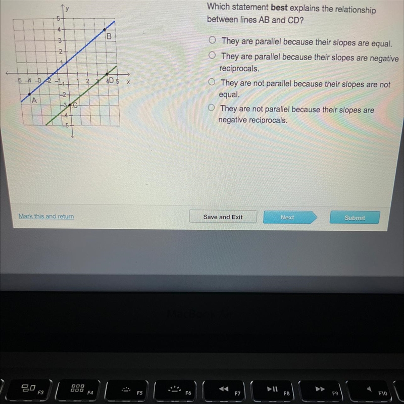 Which statement best explains the relationship between lines AB and CD? They are parallel-example-1