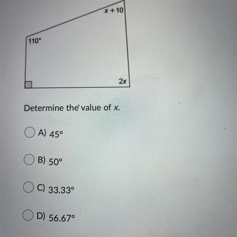 Determine the value of x.Question options:A) 45° B) 50° C) 33.33°D) 56.67°-example-1