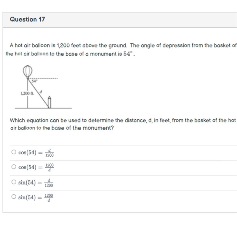 A hot air balloon is 1,200 feet above the ground. The angle of depression from the-example-1