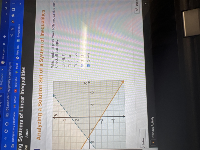 Which ordered pairs make both inequalities true? Check all that apply-example-1