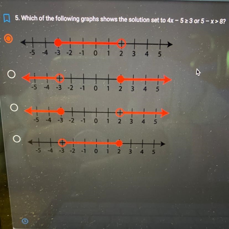 5. Which of the following graphs shows the solution set to 4x – 5 ≥ 3 or 5 – x &gt-example-1