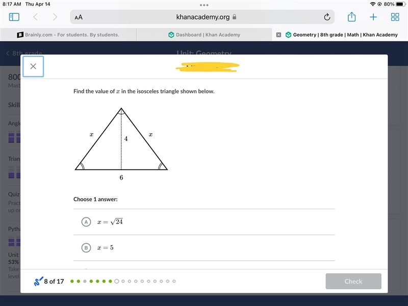 Help!!! Find the value of x xx in the isosceles triangle shown below.-example-1