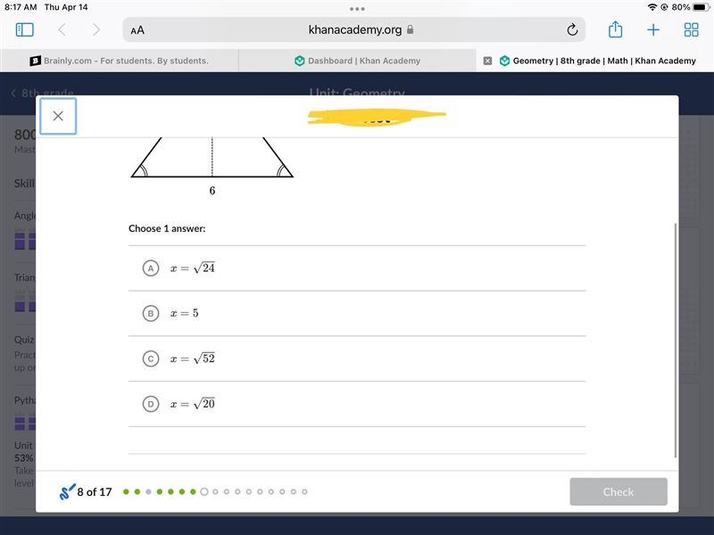 Help!!! Find the value of x xx in the isosceles triangle shown below.-example-2