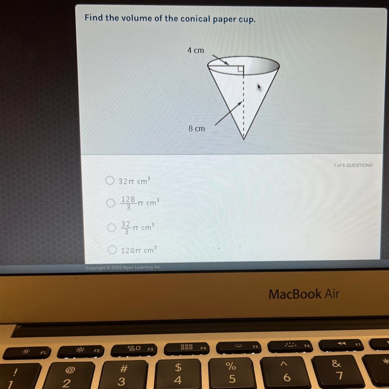 TEST IT: Volume of Cylinders and Cones Find the volume of the conical paper cup. 4 cm-example-1