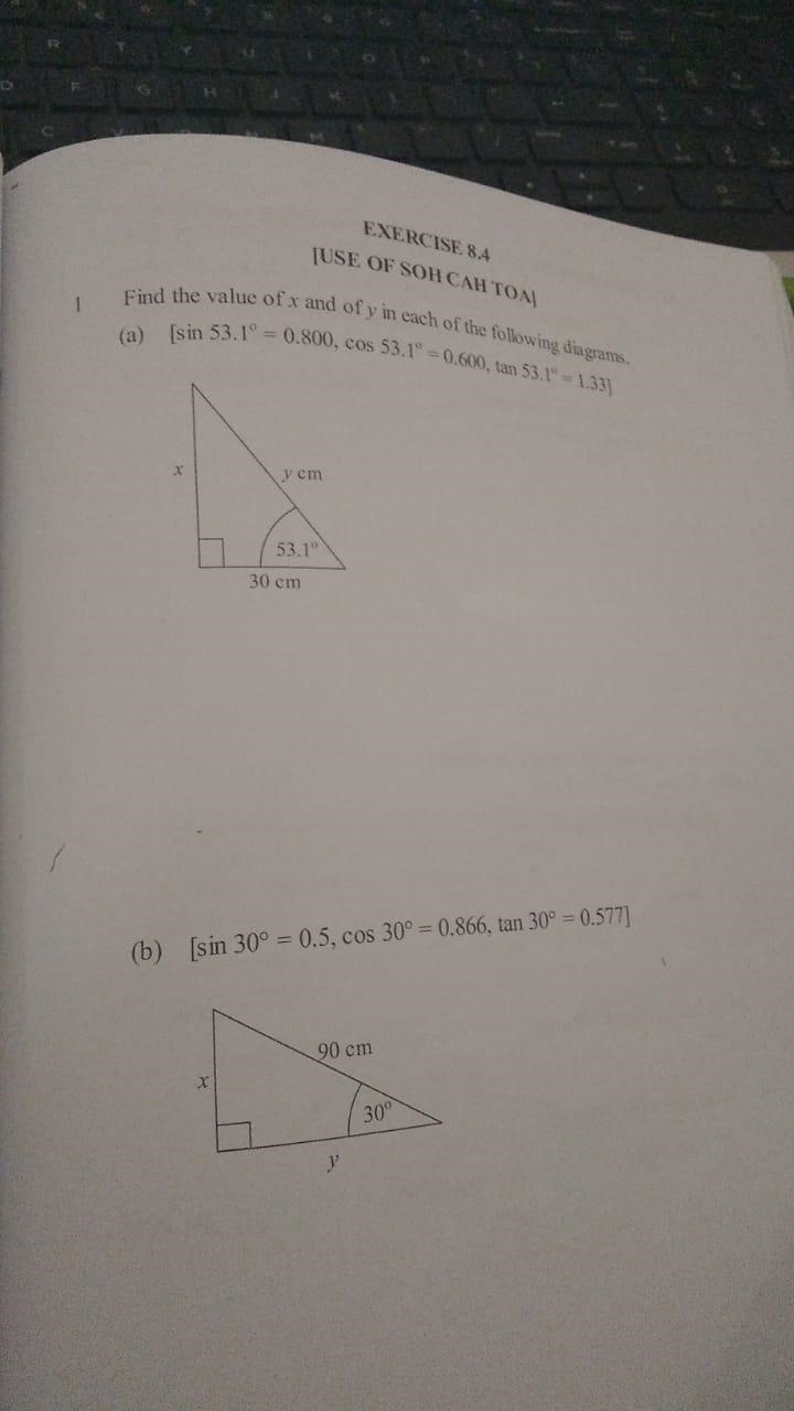 Use of SOH CAH TOA find the value of x and y-example-1