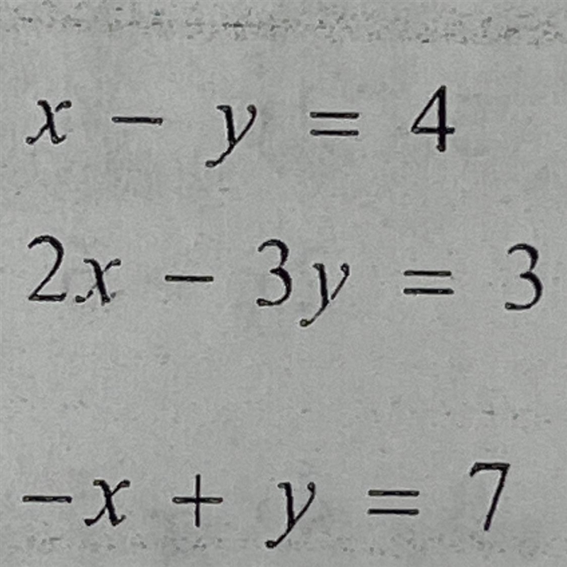 Solve the system by substitution. Check solution. x - y = 4 and 2x - 3y = 3-example-1