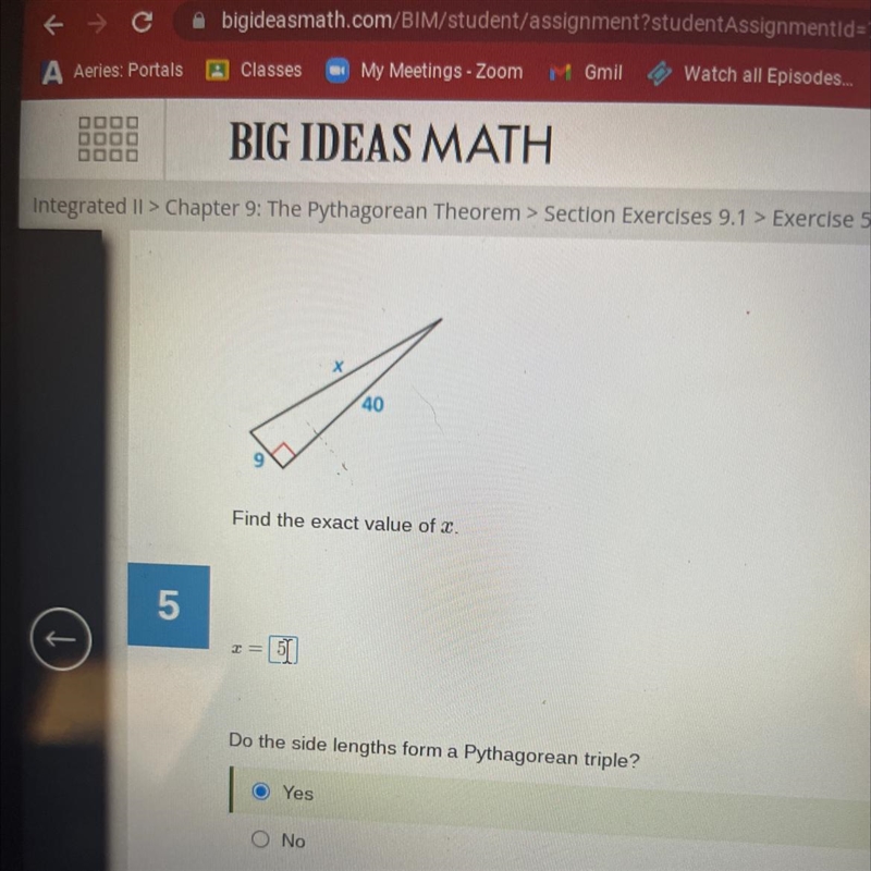 5 X 40 9 Find the exact value of x. x =-example-1