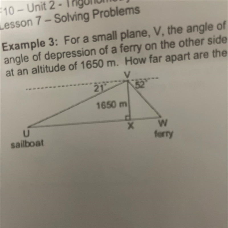 For a small plane, v , the angle of depression of a sailboat is 21 degrees. The angle-example-1