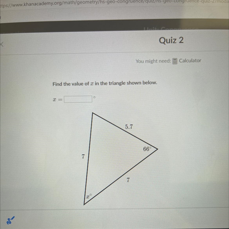 Find the value of x in the triangle shown below-example-1