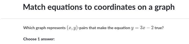 Which graph represents (x,y)-pairs that make the equation y = 3x - 2 true?-example-1