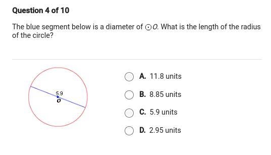 The blue segment below is the diameter of O. what is the length of the radius of the-example-1