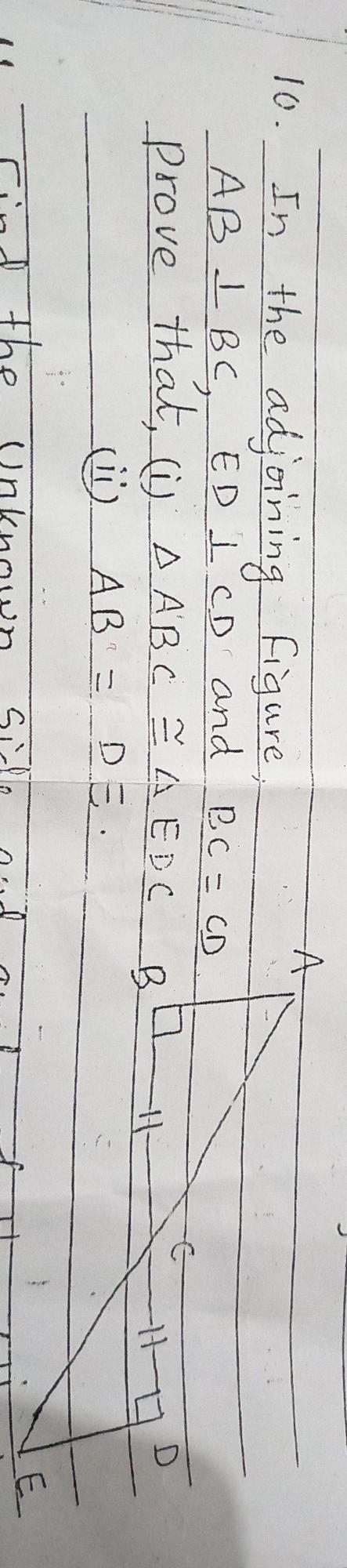 10. A In the adjoining Figure, ab is perpendicular to bc and ed is to cd while bc-example-1