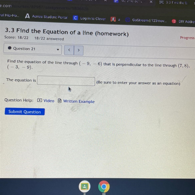 Find the equation of the line through (-9,6) that is perpendicular to the line through-example-1