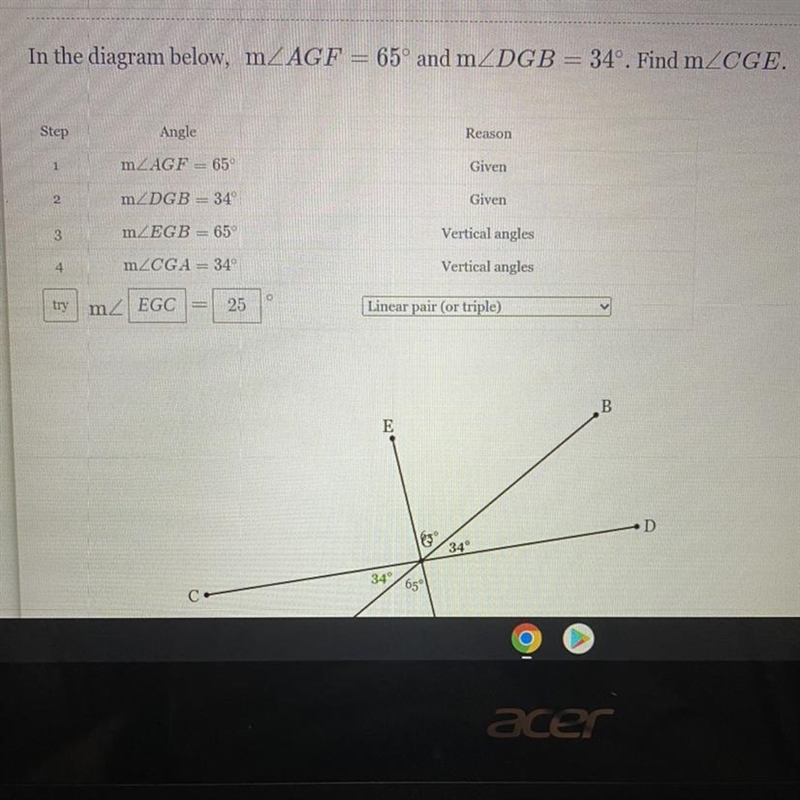 In the diagram below, m/AGF = 65° and m/DGB = 34°. Find m/CGE.-example-1