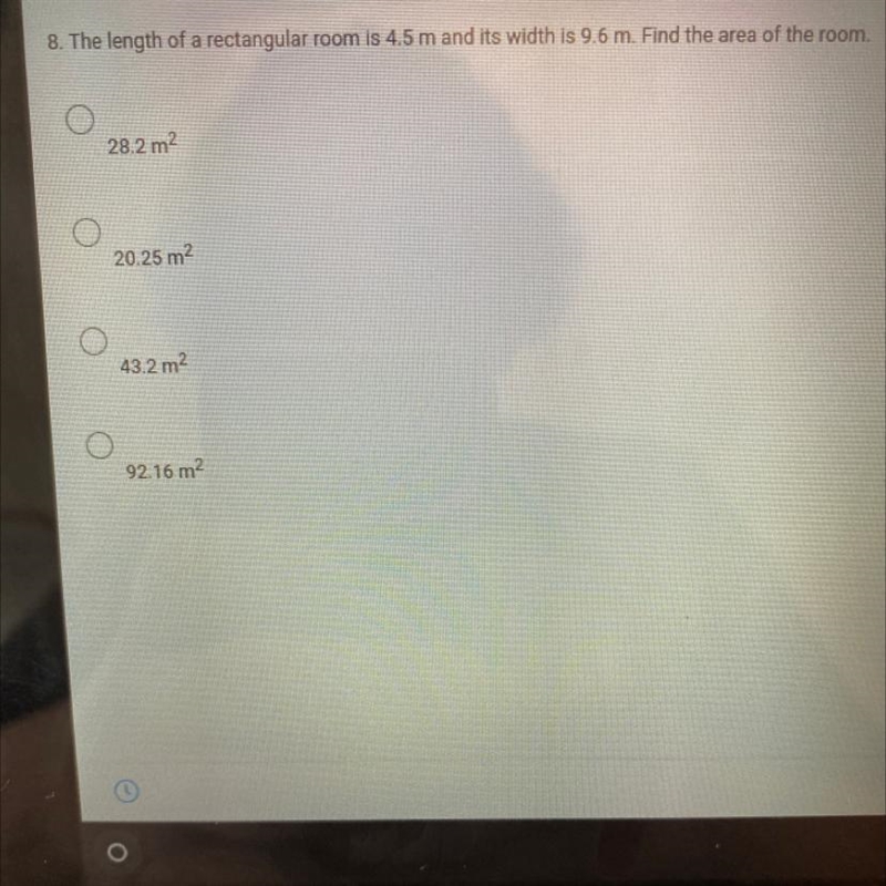 20 points. The length of a rectangular room is 4.5 m and it’s width is 9.6 m. Find-example-1