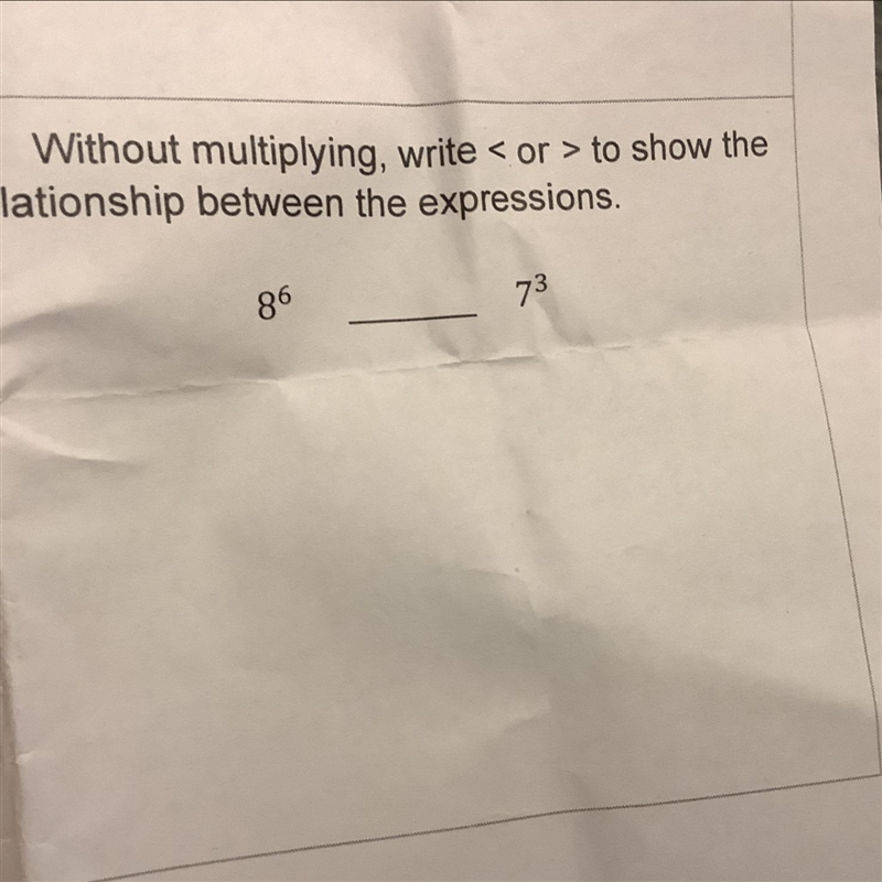 What is the relationship between 8^6 and 7^3? (6th grade math) Solve accordingly to-example-1