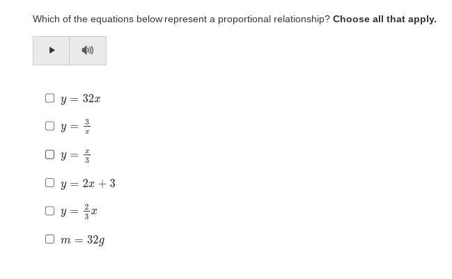 Which of the equations below represent a proportional relationship? Choose all that-example-1