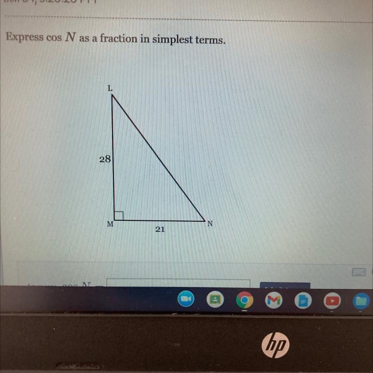 Identifying Trig Ratios (Diagram), Level 1Jun 04, 3:20:20 PMExpress cos N as a fraction-example-1