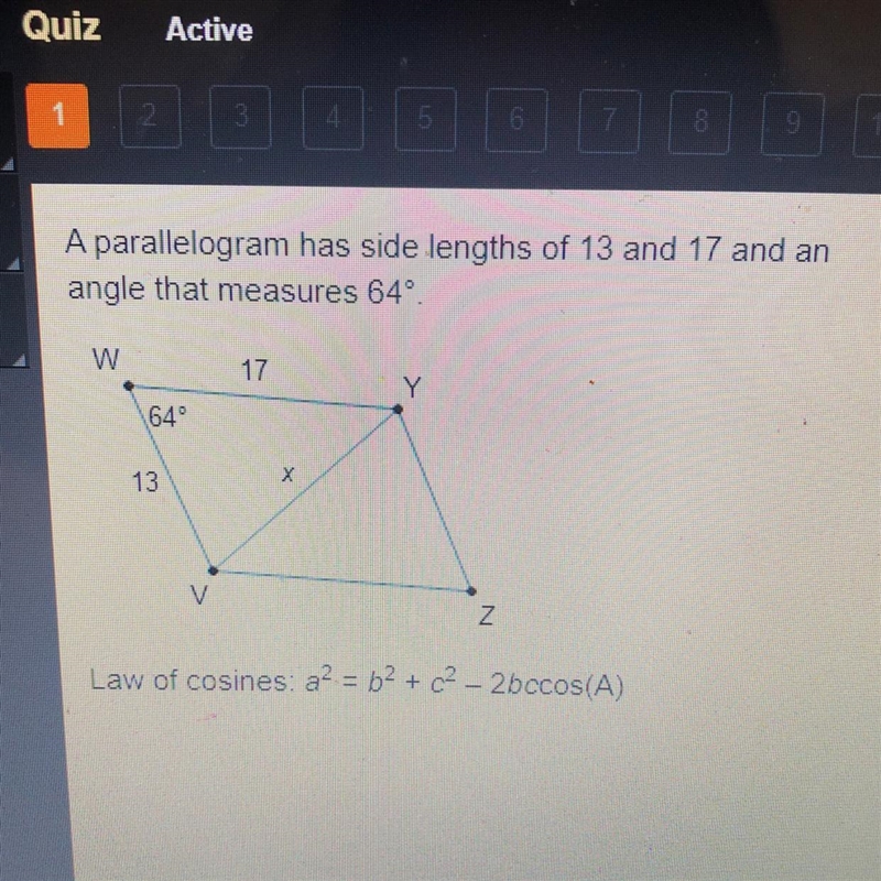 What is x, the length of the diagonal, to the nearest whole number? A 16 B 18 C 19 D-example-1