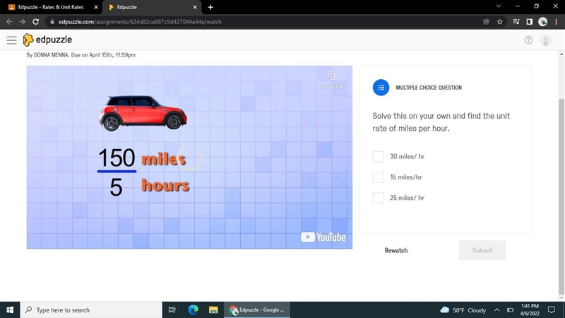 Solve this on your own and find the unit rate of miles per hour.-example-1