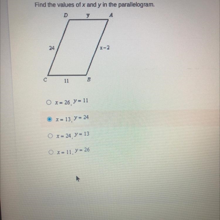 Find the value of x and y in the parallelogram. Explain.-example-1