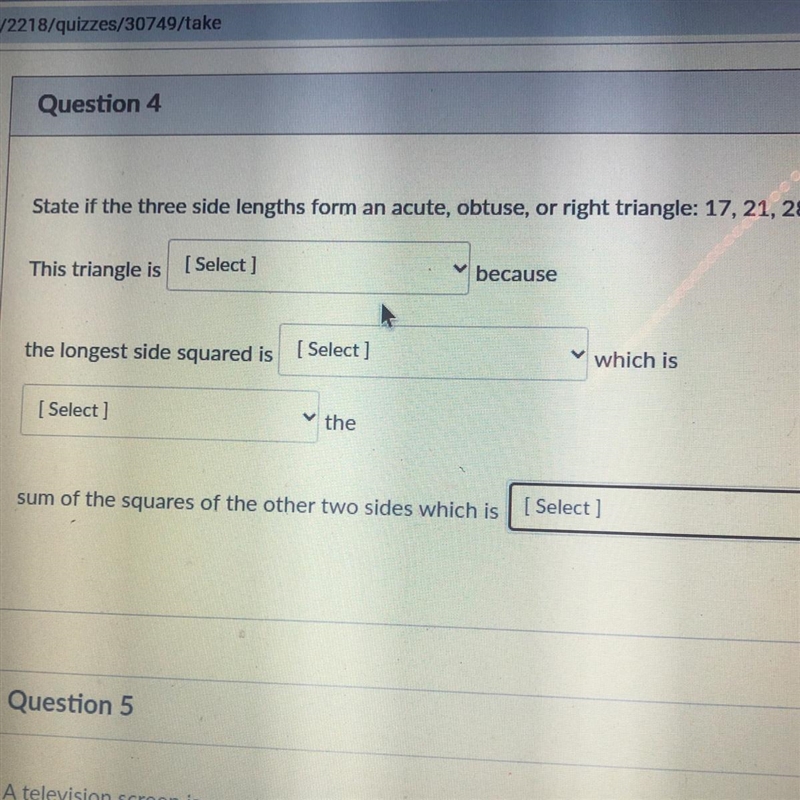 State if the three side lengths form an acute obtuse or a right triangle-example-1