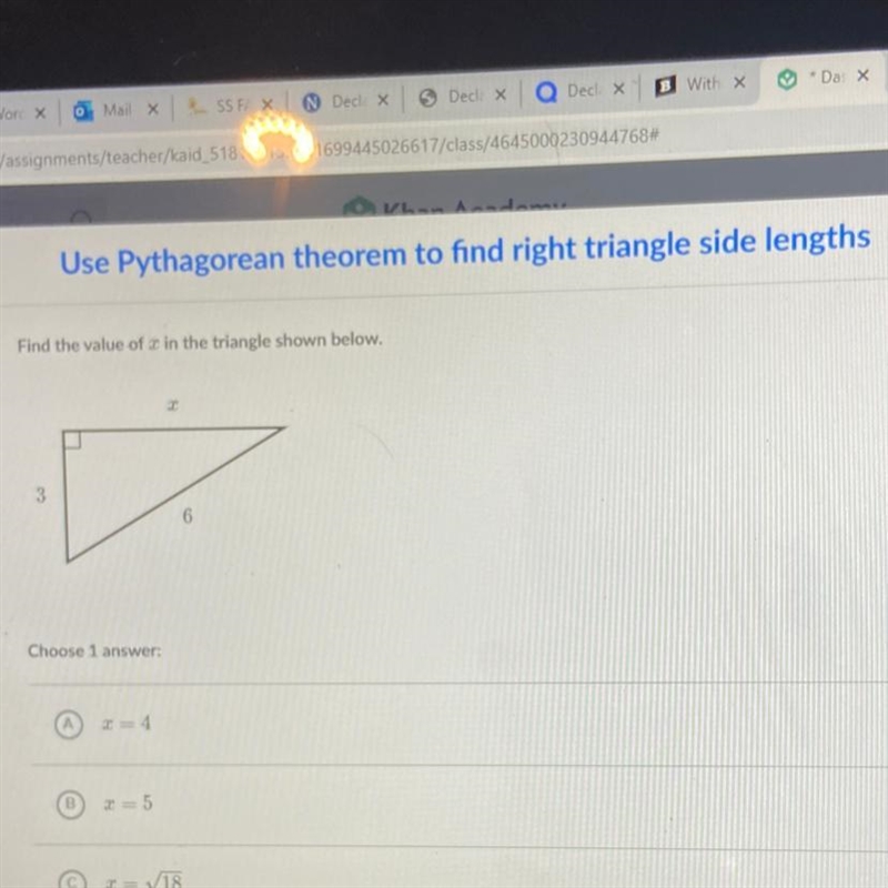 Pythagorean theorem Answers: A x=4 B x=5 C x= Square Root 18 D x= Square Root 27-example-1