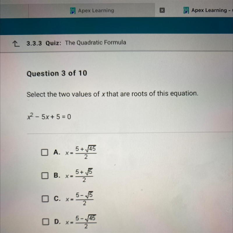 Select the two values of x that are roots of this equation.-example-1