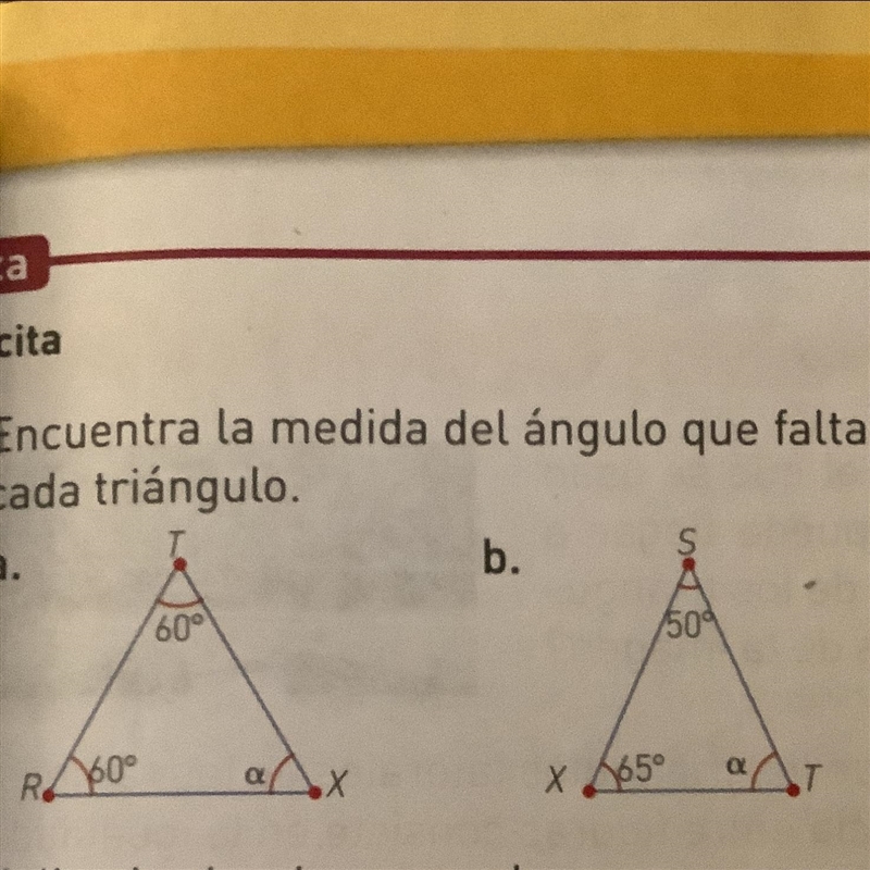 Encuentra la medida del ángulo que falta en cada triángulo POR FAVORRRR ES URGENTE-example-1