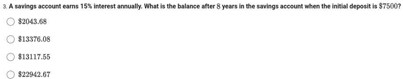 .A savings account earns 15% interest annually. What is the balance after 8 years-example-1