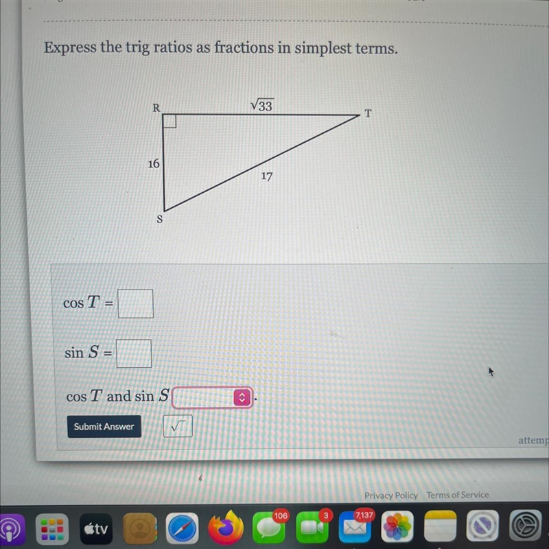 Expressing trig ratios as fractions in simplest terms ?-example-1