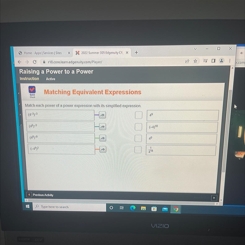 Quick Check Match each power of a power expression with its simplified expression-example-1