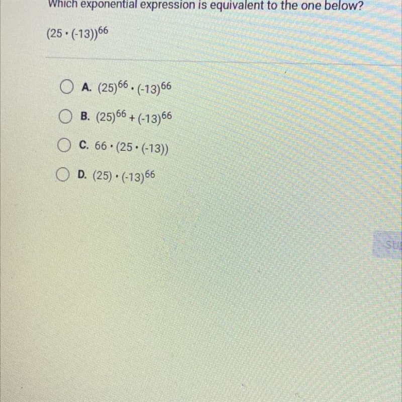 Which exponential expression is equivalent to the one below?(25. (-13))66A. (25)66. (-13)66B-example-1