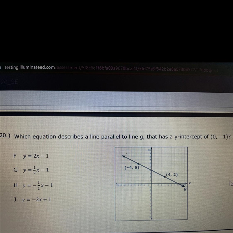 20.) Which equation describes a line parallel to line g, that has a y-intercept of-example-1