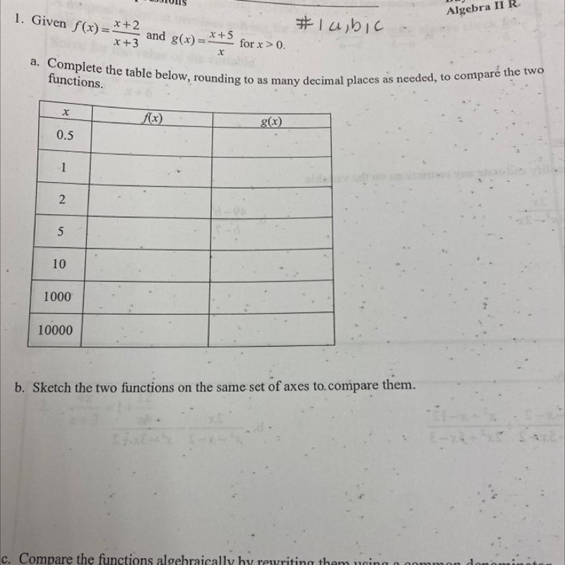 Please help with part a b and c, C says “compre the functions algebraically by rewriting-example-1