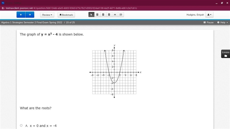 PLS HELPPP MEEE!! The graph of y = x2 - 4 is shown below What are the roots? A. x-example-1