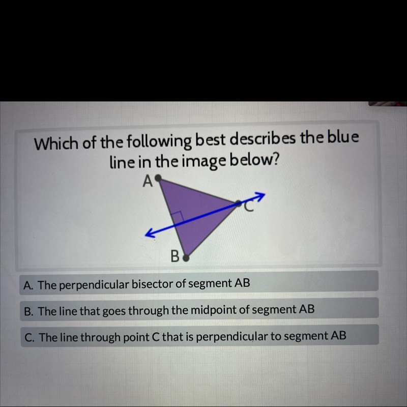 Which of the following best describes the blue line in the image below? A. The perpendicular-example-1