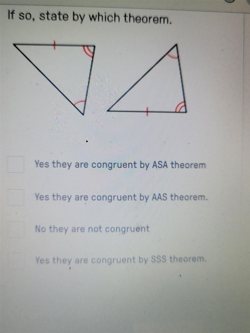 Using the figure below, tell if the triangles are congruent, and if so by what theorem-example-1